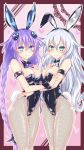  2girls animal_ears black_heart breasts bunnysuit fishnets highres kazuneko_(wktk1024) multiple_girls neptune_(series) pink_background purple_hair purple_heart rabbit_ears violet_eyes 