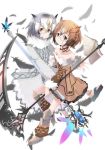  2girls adapted_costume amai_nekuta bare_shoulders book brown_eyes brown_hair choker commentary_request eurasian_eagle_owl_(kemono_friends) feathers full_body fur-trimmed_sleeves fur_collar fur_trim head_wings kemono_friends monocle multiple_girls northern_white-faced_owl_(kemono_friends) open_book partial_commentary scythe short_hair simple_background staff white_background yellow_eyes 