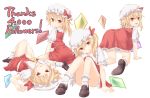  4girls :d :p all_fours ascot ass black_footwear blonde_hair bow commentary_request convenient_leg crystal english flandre_scarlet four_of_a_kind_(touhou) frilled_shirt_collar frills from_behind full_body hair_between_eyes hat hat_bow head_tilt highres knees_up loafers looking_at_viewer looking_back lying miyo_(ranthath) mob_cap multiple_girls multiple_persona no_wings on_back open_mouth petticoat puffy_short_sleeves puffy_sleeves red_bow red_eyes red_skirt red_vest shoes short_sleeves side_ponytail simple_background sitting skirt skirt_tug smile socks tongue tongue_out touhou vest wariza white_background white_hat white_legwear yellow_neckwear 