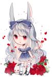  animal_ears bangs bare_arms bare_shoulders bow chibi choker collarbone commission dress flower grey_hair hair_bow hair_ribbon highres jewelry lilianei long_hair necklace open_mouth original rabbit rabbit_ears red_eyes ribbon rose silver_hair thigh-highs wavy_hair white_hair 
