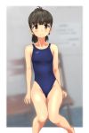  1girl absurdres black_hair blue_swimsuit blurry blurry_background brown_eyes competition_swimsuit feet_out_of_frame flat_chest highleg highleg_swimsuit highres long_hair looking_at_viewer one-piece_swimsuit original sitting solo speedo_(company) swimsuit takafumi 