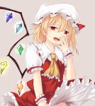  1girl ascot beige_background blonde_hair blush commentary_request crystal flandre_scarlet frilled_shirt_collar frills hair_between_eyes hand_to_own_mouth hand_up hat hat_ribbon head_tilt looking_at_viewer miyo_(ranthath) open_mouth petticoat puffy_short_sleeves puffy_sleeves red_eyes red_ribbon red_skirt red_vest ribbon short_hair short_sleeves simple_background skirt skirt_tug solo sweat touhou upper_body vest white_hat wings wrist_cuffs yellow_neckwear 