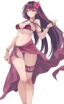  1girl absurdres bare_legs bikini bracelet breasts cropped_legs fate/grand_order fate_(series) flower hair_flower hair_ornament hibiscus highres jewelry large_breasts legs long_hair looking_at_viewer misaki159123 purple_bikini purple_hair sarong scathach_(fate/grand_order) scathach_(swimsuit_assassin)_(fate) simple_background smile solo standing swimsuit thighlet under_boob violet_eyes white_background 