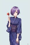  1girl chinese floral_print grey_background grin hair_over_shoulder highres holding japanese_clothes kimono kirishima_touka looking_at_viewer obi purple_hair purple_kimono sash short_hair simple_background smile solo standing tokyo_ghoul xtears_kitsune yukata 