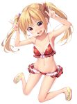  1girl :d bikini blonde_hair commentary_request double_w frilled_bikini frills full_body hair_ornament hands_up heart long_hair looking_at_viewer navel nullken open_mouth original plaid plaid_bikini red_bikini simple_background smile solo swimsuit twintails w white_background 