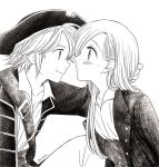  1boy 1girl alternate_costume artist_name blush buttons collarbone couple elizabeth_liones eye_contact greyscale harumiya hat jacket long_hair looking_at_another meliodas monochrome nanatsu_no_taizai open_clothes open_jacket pirate pirate_costume pirate_hat smile 