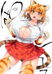  1girl animal_ears animal_print bangs blonde_hair breast_pocket breasts buttons center_opening cleavage cleavage_cutout collarbone collared_shirt commentary_request cowboy_shot dated extra_ears eyebrows_visible_through_hair fang flying_button garter_straps gloves gluteal_fold hands_up happa_(cloverppd) huge_breasts kemono_friends medium_hair miniskirt multicolored_hair open_mouth plaid plaid_skirt pocket popped_button print_gloves print_legwear red_skirt shirt short_sleeves signature simple_background skindentation skirt solo standing tail thigh-highs tiger_(kemono_friends) tiger_ears tiger_print tiger_tail two-tone_hair wardrobe_malfunction white_background white_hair white_shirt wing_collar yellow_eyes zettai_ryouiki 