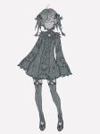  1girl braid dress eyebrows_visible_through_hair full_body greyscale hair_ribbon highres long_sleeves looking_at_viewer maruchi monochrome original ribbon short_hair solo thigh-highs white_background wide_sleeves 