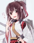 1girl blush brown_hair hair_ribbon ise_(kantai_collection) kantai_collection karomura looking_at_viewer open_mouth ponytail remodel_(kantai_collection) ribbon short_hair simple_background smile solo upper_body v 
