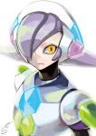  1boy android capcom dated hair_over_one_eye headgear highres lavender_hair looking_at_viewer lumine male_focus power_armor rockman rockman_x rockman_x8 short_eyebrows signature simple_background solo sumomo upper_body white_background yellow_eyes 