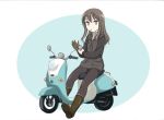  1girl bangs black_footwear black_hair black_jacket black_legwear blue_eyes boots brown_gloves cigarette closed_mouth commentary elizabeth_f_beurling gloves ground_vehicle jacket long_hair long_sleeves looking_at_viewer motor_vehicle oval pantyhose riding scooter sitting smoking solo vehicle_request wan&#039;yan_aguda world_witches_series yamaha yamaha_vino 