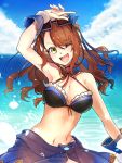  1girl arm_up armpits artist_request asymmetrical_bangs bangs beatrix_(granblue_fantasy) breasts brown_hair cleavage eyewear_on_head granblue_fantasy green_eyes highres large_breasts navel one_eye_closed open_mouth ponytail solo sunglasses swimsuit 