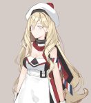  1girl bare_shoulders beret blonde_hair blue_eyes cowboy_shot dress grey_background hair_between_eyes hat kantai_collection long_hair looking_to_the_side mikoto_(oi_plus) mole mole_under_eye mole_under_mouth multicolored multicolored_clothes multicolored_dress multicolored_scarf pom_pom_(clothes) richelieu_(kantai_collection) scarf simple_background solo strapless strapless_dress 