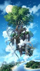  day dragon fantasy fujita_(fujita951753) highres moon no_humans original outdoors rainbow scenery sky tree water water_wheel waterfall 