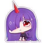  1girl :i barefoot between_legs black_shirt chibi commentary english_commentary hair_over_one_eye hand_between_legs horn long_hair multiple_tails one_eye_covered original osiimi outline purple_shorts red_eyes shirt short_sleeves shorts signature sitting solo tail transparent_background two_tails very_long_hair white_outline 