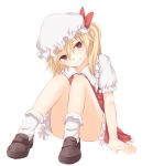  1girl ass blonde_hair bow brown_footwear commentary_request convenient_leg flandre_scarlet frilled_shirt_collar frills full_body hair_between_eyes hat hat_bow head_tilt knees_up loafers looking_at_viewer miyo_(ranthath) mob_cap no_wings petticoat puffy_short_sleeves puffy_sleeves red_bow red_eyes red_skirt shoes short_hair short_sleeves side_ponytail simple_background sitting skirt smile socks solo touhou white_background white_hat white_legwear 