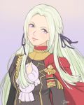  1girl blonde_hair blue_eyes cape cravat edelgard_von_hresvelgr_(fire_emblem) fire_emblem fire_emblem:_three_houses gloves hair_ornament highres jivke long_hair looking_at_viewer mole mole_under_mouth simple_background smile solo uniform 