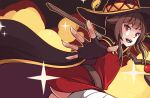  1girl :d bandage black_gloves brown_hair cape dress fingerless_gloves gloves hat holding holding_staff kono_subarashii_sekai_ni_shukufuku_wo! lily_tran long_hair megumin open_mouth outstretched_arm red_cape red_dress red_eyes short_dress short_hair_with_long_locks sidelocks smile solo sparkle staff witch_hat 