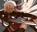  1girl ahoge arm_guards black_bow bow breasts commentary_request dark_skin fate/grand_order fate_(series) hair_bow hair_ornament holding holding_weapon katana koha-ace long_hair okita_souji_(fate) okita_souji_alter_(fate) silver_hair solo sword tagme tassel teke_(exploration) thigh-highs very_long_hair weapon yellow_eyes 