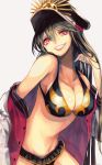  1girl absurdres bikini black_hair breasts cleavage fate/grand_order fate_(series) frilled_bikini frills grey_background grin groin hair_between_eyes hand_in_hair head_tilt highres large_breasts lipstick long_hair looking_at_viewer makeup navel oda_nobunaga_(fate) onekoneko red_eyes red_lipstick shiny shiny_skin sideboob simple_background smile solo swimsuit very_long_hair 