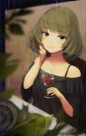  1girl alcohol black_shirt blue_eyes blurry_foreground brown_hair commentary_request cup drinking_glass eyebrows_visible_through_hair green_eyes hand_on_own_cheek heterochromia highres holding holding_drinking_glass idolmaster idolmaster_cinderella_girls indoors looking_at_viewer mole mole_under_eye negy rain shirt short_hair smile solo takagaki_kaede wine wine_glass 