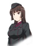  1girl bangs black_hat black_jacket blunt_bangs brown_eyes brown_hair commentary_request dress_shirt eyebrows_visible_through_hair fading garrison_cap girls_und_panzer hat jacket kuromorimine_military_uniform light_frown long_hair long_sleeves looking_to_the_side military military_hat military_uniform nishizumi_shiho parted_lips red_shirt shirt simple_background solo standing straight_hair uniform upper_body wan&#039;yan_aguda white_background younger 