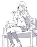  1girl bag bench blush commentary english_commentary eyewear_removed glasses greyscale holding_eyewear long_hair looking_at_viewer monochrome original parted_lips school_bag shirt shoes short_sleeves shoulder_bag simple_background sitting socks solo tonee white_background white_shirt 