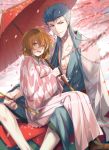  1boy 1girl blue_hair blue_kimono brown_eyes brown_hair cherry_blossoms couple cu_chulainn_(fate/grand_order) fate/grand_order fate_(series) floating_hair flower fujimaru_ritsuka_(female) highres holding holding_umbrella japanese_clothes kimono lancer long_hair looking_at_viewer orange_eyes oriental_umbrella outdoors pink_flower red_umbrella sakurai_(poyo) sidelocks sitting sitting_on_lap sitting_on_person umbrella very_long_hair 