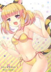  1girl 2018 animal_ears bangs beatmania beatmania_iidx bikini blonde_hair blunt_bangs blush breasts cat_day cat_ears cat_tail cleavage collarbone cowboy_shot dated eyebrows_visible_through_hair fake_animal_ears highres ki_no_rapika long_hair miji_(citronism) navel open_mouth red_eyes side-tie_bikini sideboob small_breasts solo striped striped_hairband swimsuit tail twintails yellow_bikini 