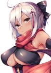  1girl ahoge ayuma_sayu bare_shoulders black_bow blush bow breasts dark_skin elbow_gloves fate/grand_order fate_(series) gloves hair_between_eyes hair_bow hair_ornament koha-ace large_breasts looking_at_viewer majin_saber okita_souji_alter_(fate) red_scarf scarf short_hair simple_background solo under_boob white_background white_hair yellow_eyes 