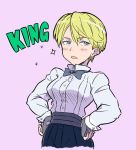  1girl blonde_hair blue_eyes bow bowtie breasts character_name king_(snk) nitioku reverse_trap ryuuko_no_ken shirt short_hair solo the_king_of_fighters white_shirt 