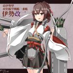  1girl bow_(weapon) brown_eyes brown_hair character_name dated flight_deck hair_between_eyes hebitsukai-san highres holding holding_bow_(weapon) holding_weapon ise_(kantai_collection) japanese_clothes kantai_collection katana nontraditional_miko open_mouth ponytail remodel_(kantai_collection) sheath short_hair smile solo sword twitter_username weapon yumi_(bow) 