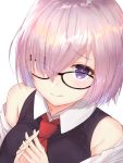  1girl black-framed_eyewear eyebrows_visible_through_hair fate/grand_order fate_(series) glasses hair_between_eyes hair_over_one_eye hands_clasped highres mash_kyrielight necktie own_hands_together pink_hair red_neckwear reuri_(tjux4555) short_hair simple_background solo upper_body white_background 