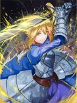  1girl armor armored_dress artoria_pendragon_(all) blonde_hair blue_bow blue_dress bow breastplate closed_mouth cowboy_shot dress excalibur fate/stay_night fate_(series) gauntlets green_eyes hair_bow highres holding holding_sword holding_weapon looking_at_viewer memekun saber short_hair smile solo sword weapon 