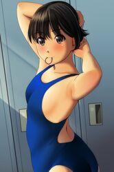  1girl ass bangs black_eyes black_hair blue_swimsuit blush eyebrows_visible_through_hair hair_tie_in_mouth highres locker locker_room looking_at_viewer matsunaga_kouyou mouth_hold one-piece_swimsuit original short_hair solo swimsuit tareme tying_hair 