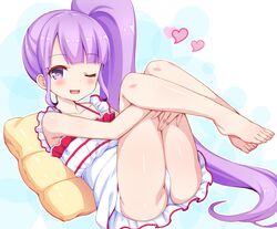  1girl ;d bangs barefoot blunt_bangs blush dress eyebrows_visible_through_hair feet green_eyes heart legs legs_up long_hair looking_at_viewer lying manaka_non on_back one_eye_closed open_mouth panties pillow pripara purple_hair side_ponytail smile solo tiger_rmn underwear very_long_hair violet_eyes white_dress white_panties 