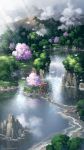  cherry_blossoms clouds day fujita_(fujita951753) lake mountain nature no_humans original outdoors scenery torii tree water waterfall 