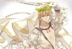  1boy bare_chest blonde_hair chains collarbone cosplay ea_(fate/stay_night) earrings fate/grand_order fate_(series) gilgamesh head_wreath holding holding_sword holding_weapon jewelry looking_at_viewer male_focus nero_claudius_(bride)_(fate) nero_claudius_(bride)_(fate)_(cosplay) nero_claudius_(fate)_(all) red_eyes simple_background smile solo sword upper_body veil weapon white white_background xiaoxue 