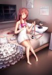  1girl absurdres barefoot bed brown_hair calendar_(object) closed_eyes collarbone commentary doki_doki_literature_club doll dress dress_removed drying drying_hair english_commentary full_body hair_down hair_dryer hair_ornament_removed highres indoors jewelry long_hair monika_(doki_doki_literature_club) naked_towel night on_bed pillow ring sitting smile solo towel tsukimaru very_long_hair wedding_ring wet wet_hair white_dress window wooden_floor 