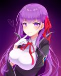  1girl bb_(fate/extra_ccc) blush breasts closed_mouth eyebrows_visible_through_hair fate/grand_order fate_(series) finger_to_mouth gloves hair_ribbon heart imoguri large_breasts long_hair looking_at_viewer purple_hair red_ribbon ribbon smile solo upper_body violet_eyes white_gloves 