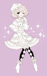  1girl ankle_boots blush boots capelet chino_machiko copyright_request dress hand_up highres long_sleeves looking_at_viewer one_eye_closed open_mouth pantyhose pink_background ribbon short_hair simple_background solo sparkle yawning 