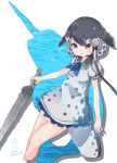  1girl blowhole blue_eyes bow dress eyebrows_visible_through_hair frilled_dress frills grey_hair hair_bow kemono_friends multicolored_hair narwhal_(kemono_friends) narwhal_tail neckerchief polearm puffy_short_sleeves puffy_sleeves sailor_collar short_hair short_sleeves sidelocks signature solo spear spotted_hair tatsuno_newo weapon 