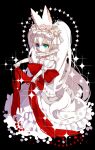  1girl animal_ears black_background chino_machiko copyright_request dress green_eyes hairband heterochromia long_dress long_hair red_ribbon ribbon simple_background solo sparkle standing twintails very_long_hair violet_eyes white_dress white_hair 