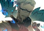  1boy blue_butterfly blue_eyes bug butterfly edoya_pochi facial_hair fate/grand_order fate_(series) glasses gloves grey_hair insect james_moriarty_(fate/grand_order) male_focus mustache portrait short_hair 