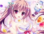  1girl :d animal_ears bangs bare_shoulders bell blue_bow blue_hat blush bow breasts brown_hair cat cat_ears cat_girl cat_tail cleavage commentary_request dress eyebrows_visible_through_hair flower hair_between_eyes hair_bow hair_ornament hairclip hat jingle_bell long_hair looking_at_viewer medium_breasts open_mouth orange_flower original petals pink_bow purple_bow purple_flower red_bow red_eyes red_flower shiwasu_horio smile solo star star_hair_ornament strapless strapless_dress tail top_hat twintails very_long_hair white_dress yellow_flower 