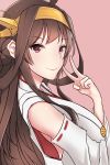  1girl brown_eyes brown_hair detached_sleeves eyebrows_visible_through_hair highres kantai_collection kela kongou_(kantai_collection) long_hair pink_background ribbon-trimmed_sleeves ribbon_trim simple_background smile solo upper_body v very_long_hair yellow_hairband 