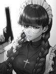  1girl apron artist_request bad_id bad_pixiv_id bags_under_eyes bangs black_lagoon blunt_bangs braid closed_mouth cross cross_necklace finger_on_trigger frown glasses greyscale gun hair_over_shoulder half-closed_eyes handgun highres holding holding_gun holding_weapon jewelry latin_cross long_hair long_sleeves looking_at_viewer maid maid_apron maid_headdress monochrome necklace pistol roberta_(black_lagoon) round_eyewear signature solo twin_braids weapon 