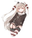  1girl amatsukaze_(kantai_collection) black_panties brown_dress brown_eyes dress garter_straps gloves hair_tubes hat highres horizontal-striped_legwear horizontal_stripes inorin05kanae kantai_collection long_hair looking_at_viewer mini_hat panties red_legwear sailor_dress short_dress silver_hair simple_background single_glove solo striped striped_legwear thigh-highs two_side_up underwear white_background windsock 