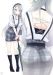  1girl ass back_cutout bag casual collarbone full_body headband kantai_collection long_hair looking_at_viewer sagiri_(kantai_collection) silver_hair simple_background solo standing sumeragi_hamao umbrella violet_eyes white_background 