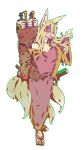  1girl 2018 :d absurdres animal_ears artist_name backpack bag blonde_hair bridal_gauntlets brown_gloves dated fox_ears fox_tail gloves hair_between_eyes hair_ornament hairclip hands_up highres japanese_clothes katana kimono kitsune long_hair long_sleeves looking_at_viewer multiple_tails open_mouth original ramenwarwok red_eyes sandals scabbard shaded_face sheath signature smile solo standing sword tail transparent_background tumblr_username weapon wide_sleeves 